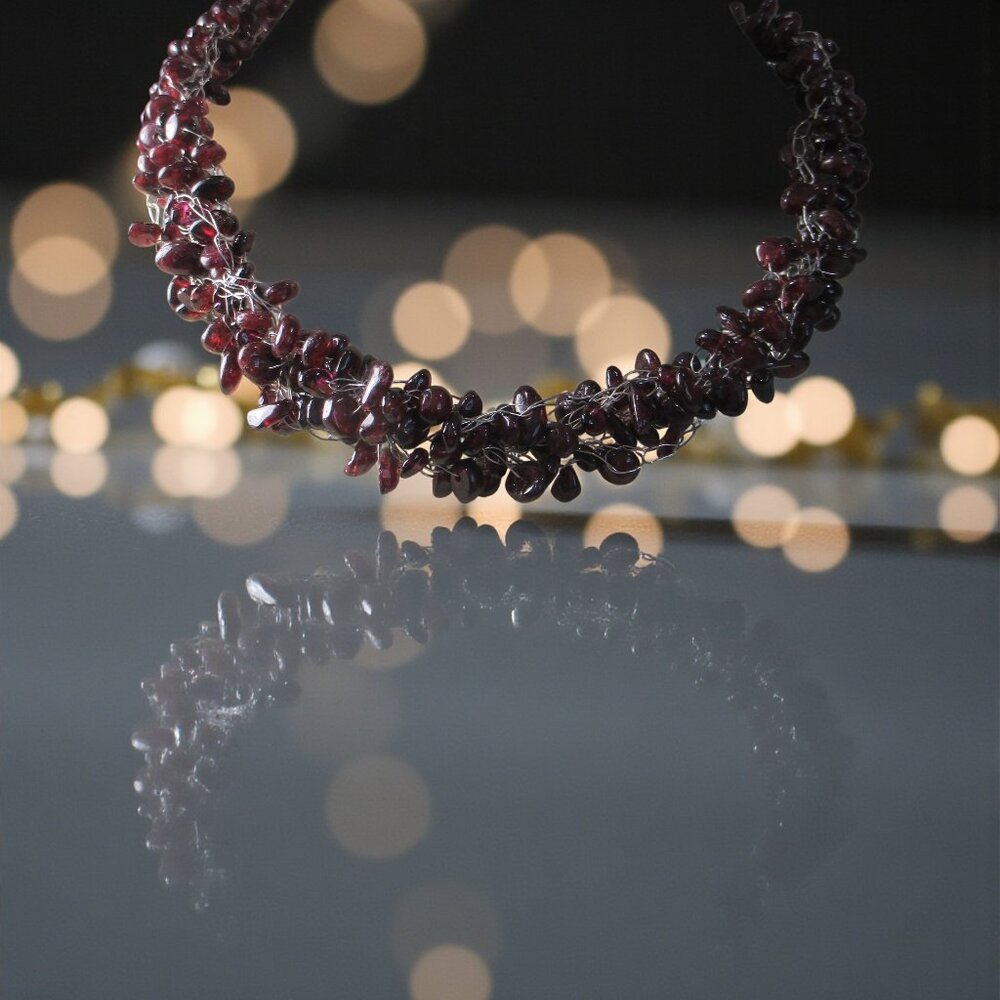 Ethereal Garnet Necklace, Multi Strand Braided, Princess Length